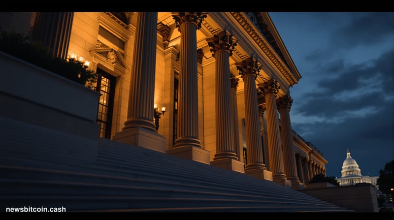 Cinematic photorealistic editorial photograph of the exterior of the Commodity Futures Trading Commission headquarters buildi