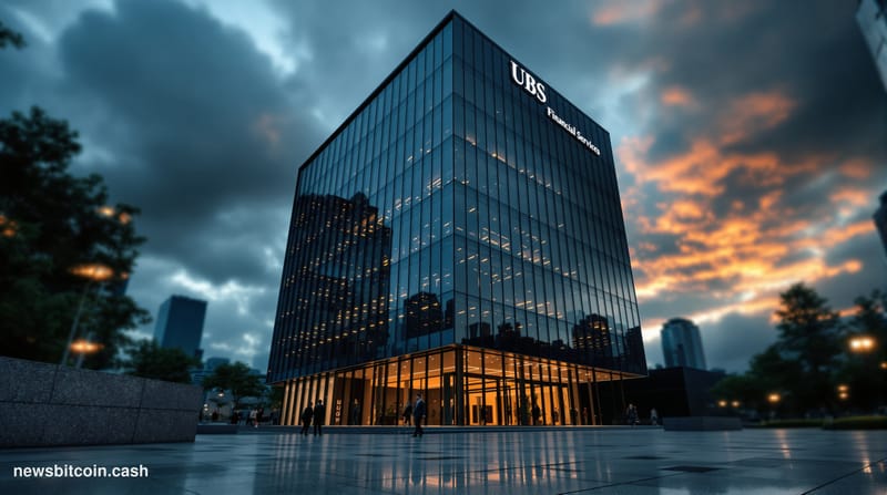 Cinematic photorealistic editorial photograph of the UBS Financial Services office building exterior in the United States, sh
