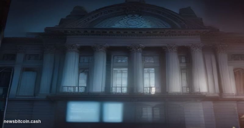 Cinematic photorealistic editorial photograph of a large stone government building facade — evoking an OECD or treasury minis