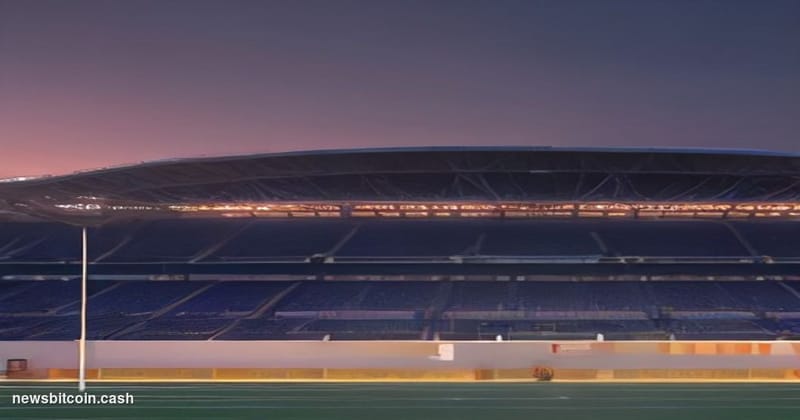 Cinematic photorealistic editorial photograph of Stamford Bridge stadium exterior in West London at dusk, dramatic golden-hou