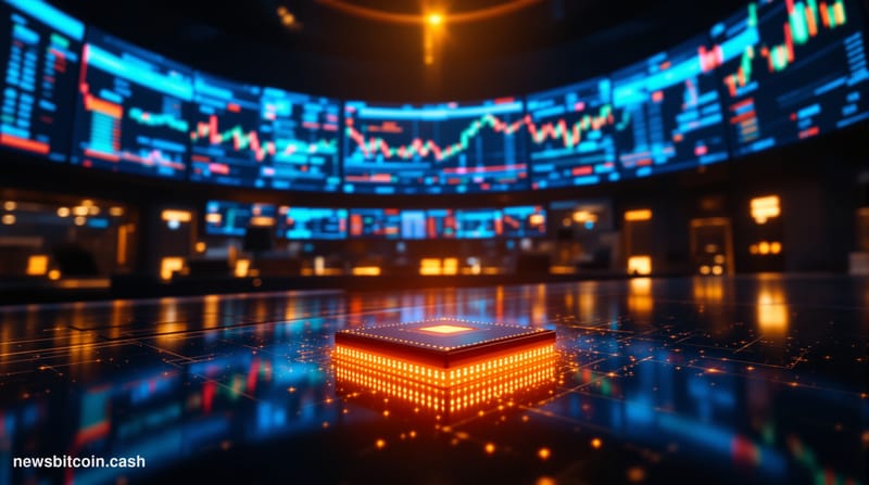 A cinematic photorealistic editorial photograph set inside a dimly lit, high-end trading floor environment, with large curved