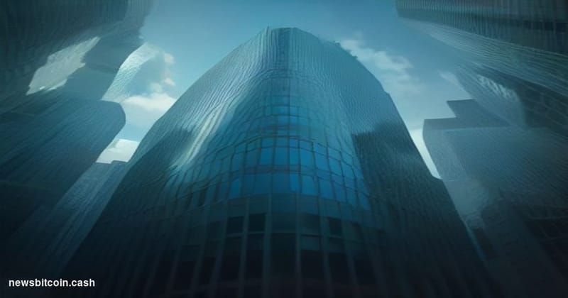 Cinematic photorealistic editorial photograph of Circle's financial district office environment, shot from a low angle lookin