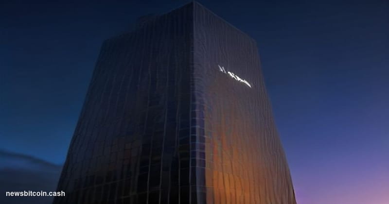 Cinematic photorealistic editorial photograph of the Citadel Securities headquarters building in Miami, Florida, shot at dusk