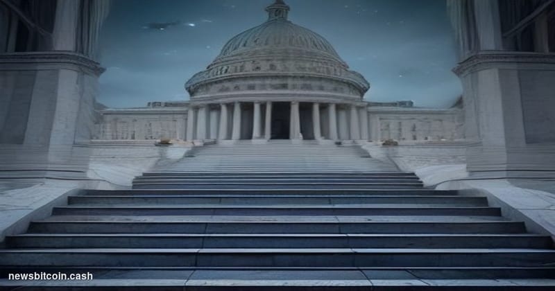 Cinematic photorealistic editorial photograph of the United States Capitol building at dusk, shot from a low wide angle with 
