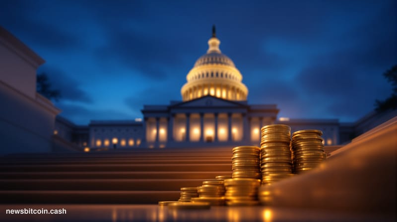 Cinematic photorealistic editorial photograph of the United States Senate chamber exterior at dusk, the Capitol building's ne