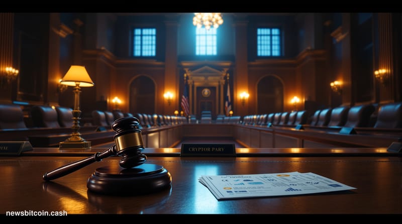 A cinematic photorealistic editorial photograph shot inside a grand federal regulatory hearing chamber in Washington D.C., wi
