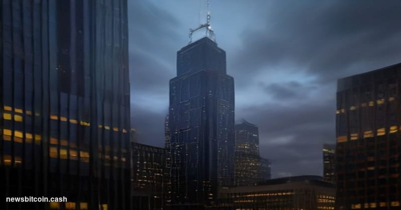 Cinematic photorealistic editorial photograph of the CME Group headquarters in Chicago, Illinois — the iconic glass and steel