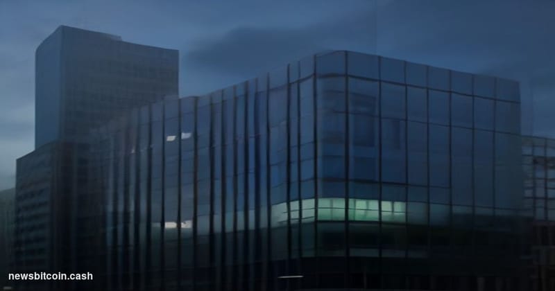 Cinematic photorealistic editorial photograph of the Coinbase San Francisco headquarters exterior at dusk, dramatic side-ligh
