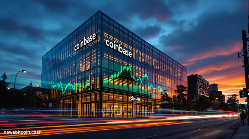 Cinematic photorealistic editorial photograph of the Coinbase San Francisco office exterior at dusk, with warm amber lighting