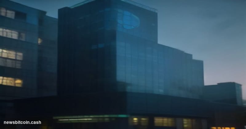 Cinematic photorealistic editorial photograph of the Coinbase San Francisco office exterior at dusk, dramatic low-angle shot 