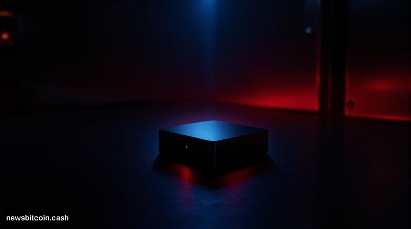 A cinematic photorealistic editorial photograph of a COLDCARD hardware wallet device — a small black rectangular device — res