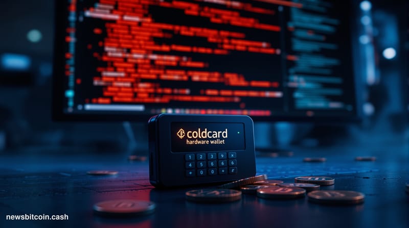 Cinematic photorealistic editorial photograph of a Coldcard hardware wallet device — the small black rectangular device with 