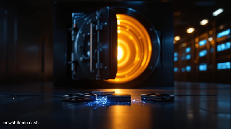 A cinematic photorealistic editorial photograph shot at ground level looking up at a heavy bank-grade steel vault door, parti