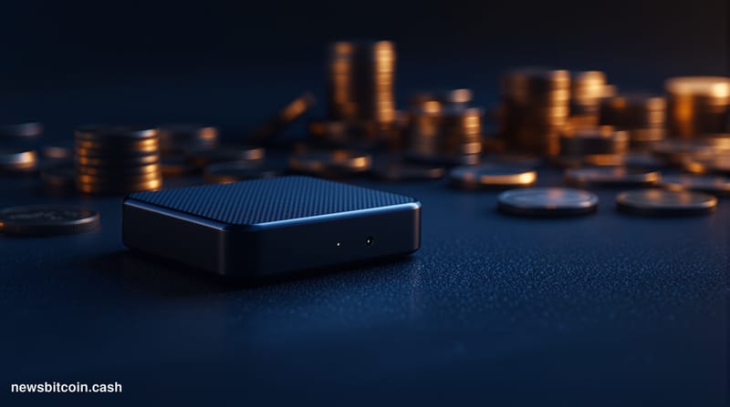 Cinematic photorealistic editorial photograph of a COLDCARD hardware wallet device resting on a dark matte surface, dramatica