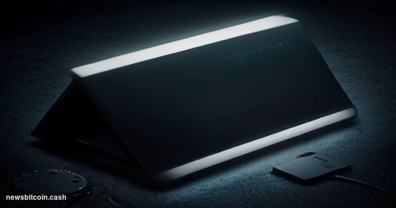 Cinematic photorealistic editorial photograph of a Coldcard hardware wallet device — its distinctive black rectangular form w