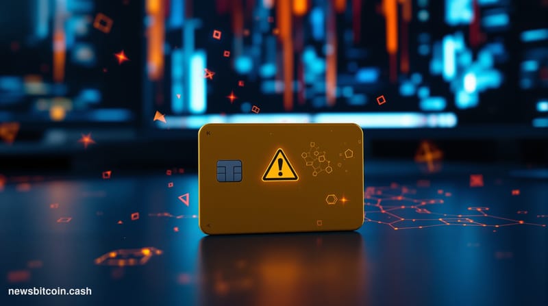 A cinematic photorealistic editorial photograph of a Coldcard hardware wallet — the distinctive yellow credit-card-sized devi