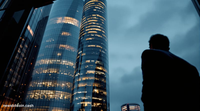 Cinematic photorealistic editorial photograph of Frankfurt's banking district at dusk, with the Commerzbank Tower dominating 