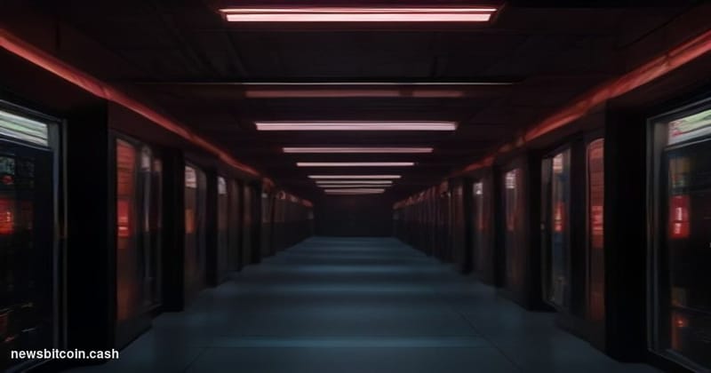 A cinematic photorealistic editorial photograph of a dimly lit server room representing a blockchain network under attack, wi