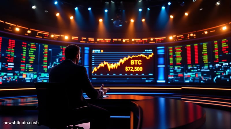 Cinematic photorealistic editorial photograph of a large television studio set at night, modeled after a financial news broad
