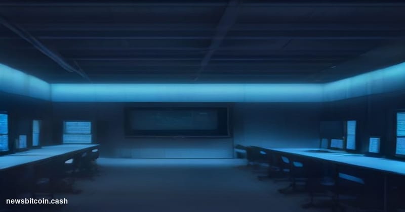 A cinematic photorealistic editorial photograph of a server infrastructure room bathed in deep blue emergency lighting, with 