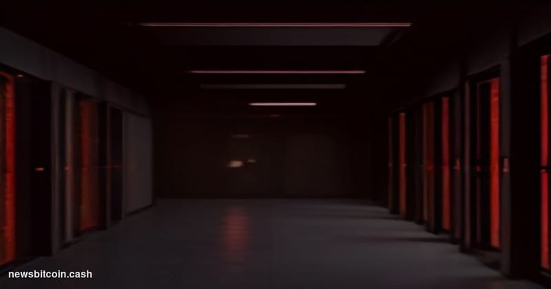Cinematic photorealistic editorial photograph of a darkened blockchain data center interior, with a single glowing red emerge