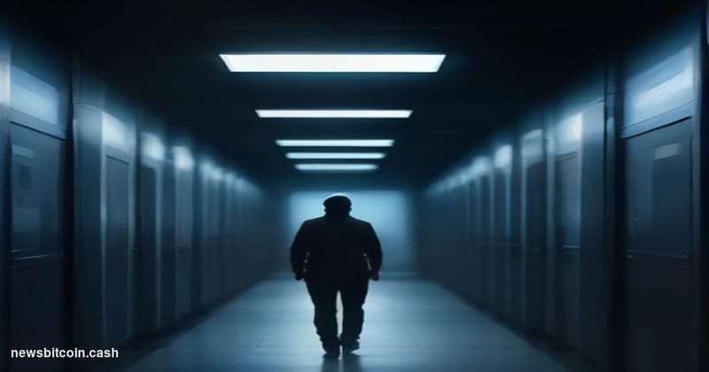 Cinematic photorealistic editorial photograph of a dimly lit data center corridor with server racks casting deep blue and amb