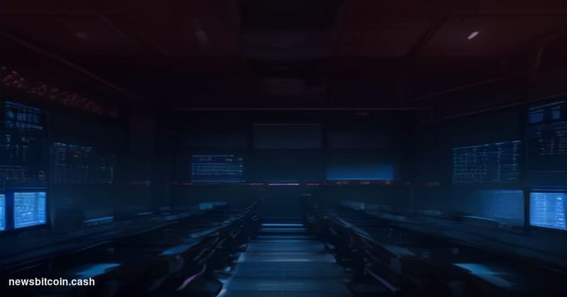 A cinematic photorealistic editorial photograph of a dramatic server infrastructure facility bathed in deep red emergency lig