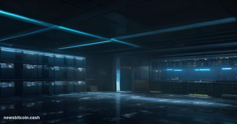 A cinematic photorealistic editorial photograph set in a dimly lit server room with rows of partially illuminated cryptocurre