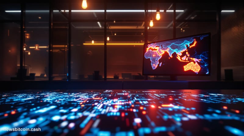 Cinematic photorealistic editorial photograph set in a dimly lit, sleek tech startup office at night, with a single glowing m