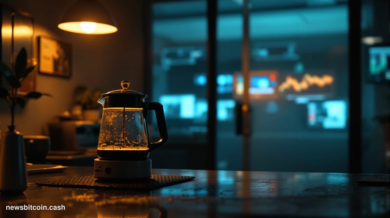 Cinematic photorealistic editorial photograph of a vintage 1990s-era office break room, dimly lit with warm amber tungsten li