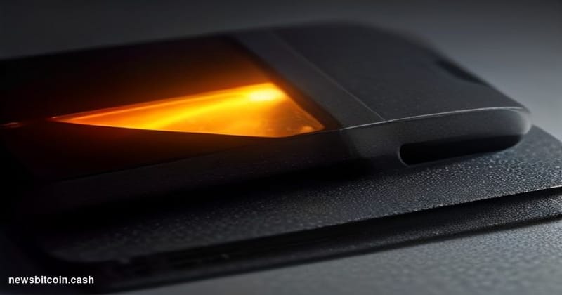Cinematic photorealistic editorial photograph of a Coldcard hardware wallet device sitting on a dark matte surface, cracked d