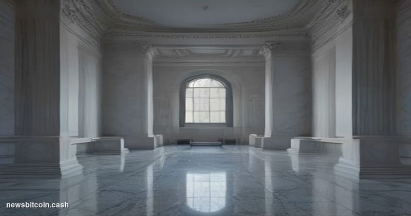 A cinematic photorealistic editorial photograph set inside a grand, neoclassical Federal Reserve bank interior — marble colum