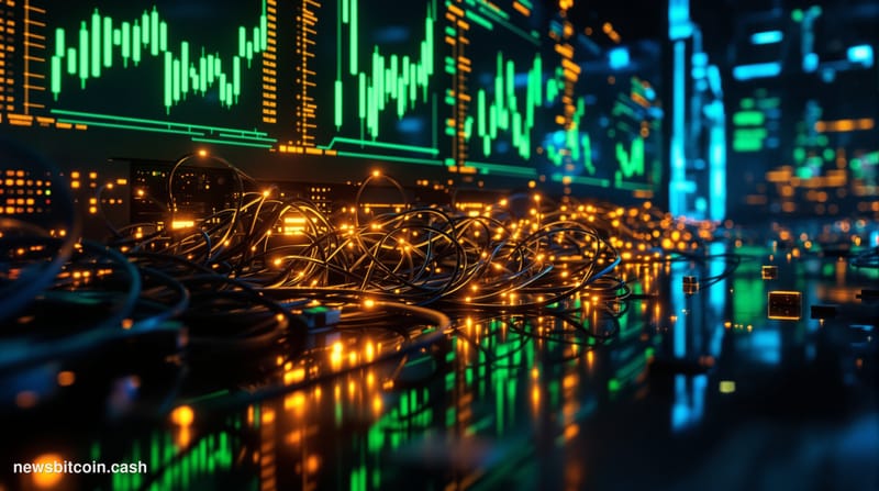 Cinematic photorealistic editorial photograph of a glowing arcade-style gaming console and a mesh of physical infrastructure 