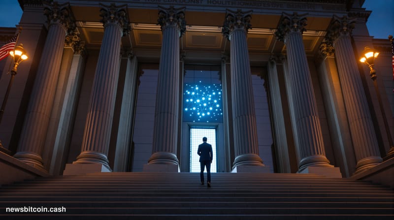 Cinematic photorealistic editorial photograph of a grand state government building façade — marble columns, American flags fl