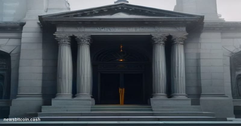 Cinematic photorealistic editorial photograph of a monolithic marble bank building facade with heavy iron doors slightly ajar