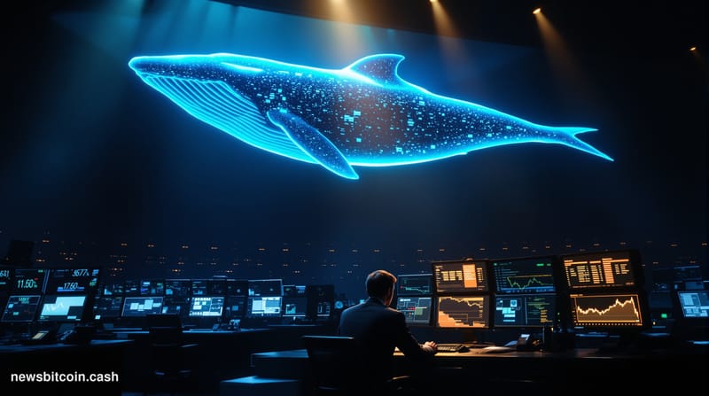 Cinematic photorealistic editorial photograph of a deep-sea whale silhouette rendered as a glowing holographic projection abo