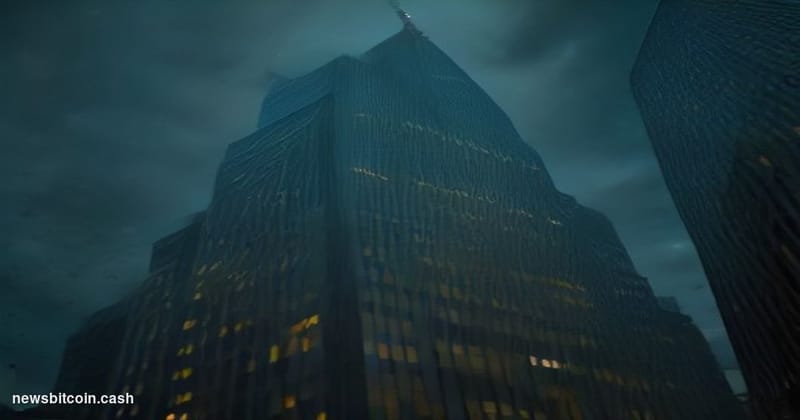 Cinematic photorealistic editorial photograph of the DTCC headquarters building in Lower Manhattan, New York, shot from a low