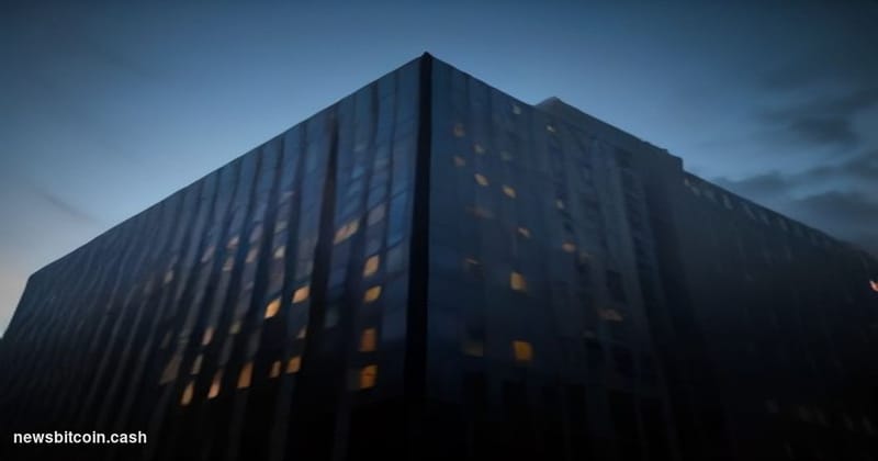 Cinematic photorealistic editorial photograph of the DTCC's New York headquarters building at dusk, shot from a low angle loo