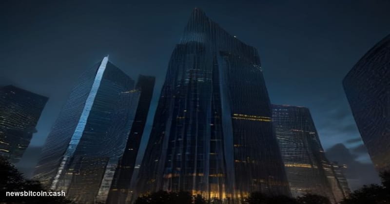 Cinematic photorealistic editorial photograph of the European Central Bank's iconic twin-tower headquarters in Frankfurt, Ger