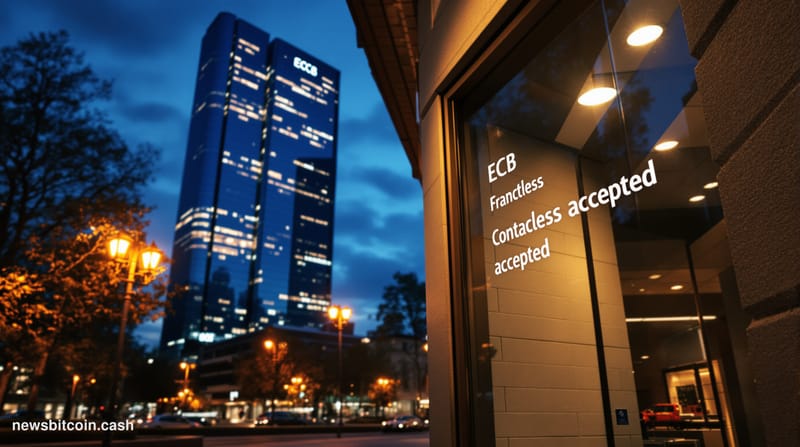 Cinematic photorealistic editorial photograph of a European street-level retail district in Frankfurt, Germany, with the unmi