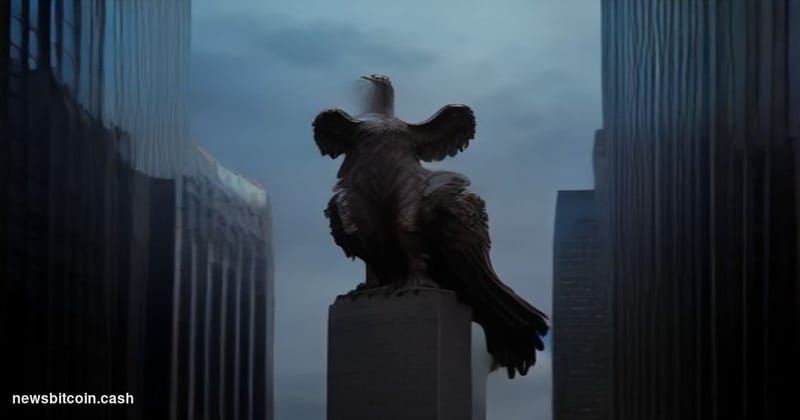 A cinematic photorealistic editorial photograph shot at dusk from street level, looking up at a gleaming glass-and-steel bank