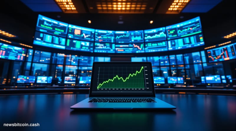A cinematic photorealistic editorial photograph of a large trading floor environment with multiple curved screens displaying 