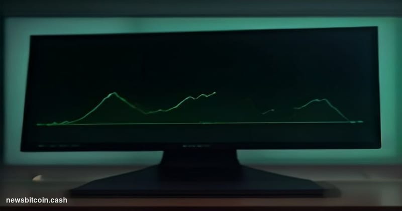 A cinematic photorealistic editorial photograph of a glowing digital trading terminal screen displaying an upward-trending pr