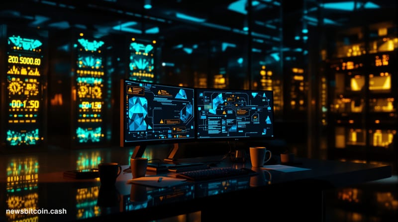 Cinematic photorealistic editorial photograph of a dimly lit server room with ethereal blue-green light emanating from toweri