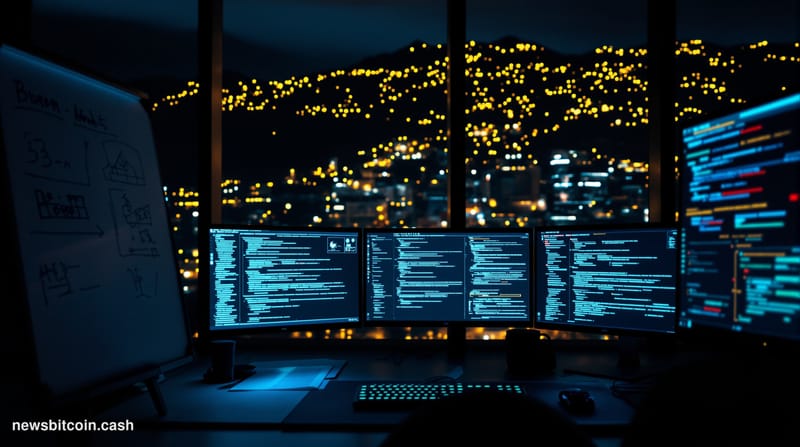 A cinematic photorealistic editorial photograph of a developer workstation in a dimly lit modern office, bathed in cool blue 