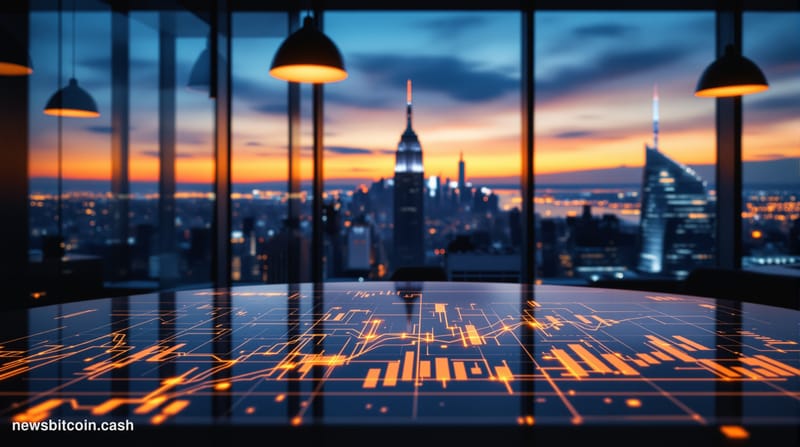Cinematic photorealistic editorial photograph of a sleek modern Wall Street-adjacent brokerage office interior, shot from a l