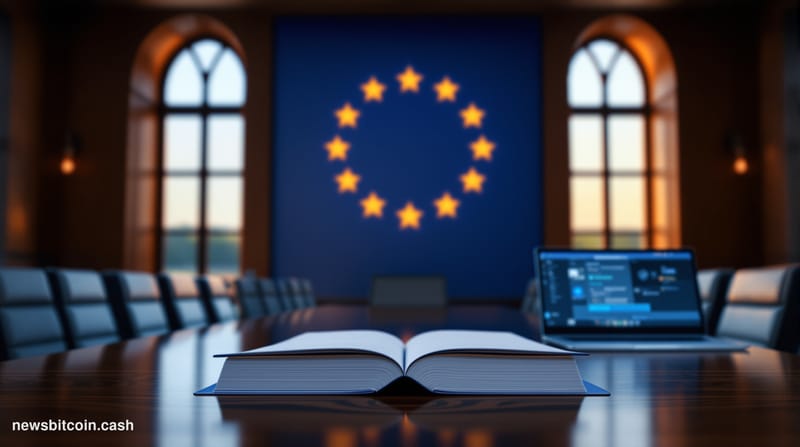A cinematic photorealistic editorial photograph set inside a grand European Union institutional chamber in Brussels, Belgium,