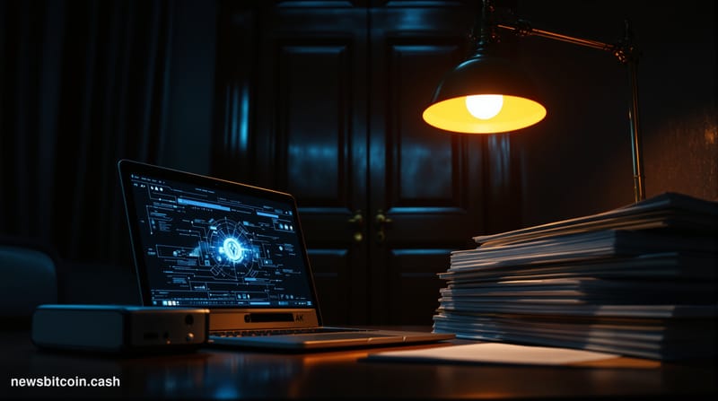 A cinematic photorealistic editorial photograph set inside a dark, imposing federal law enforcement office corridor, shot fro