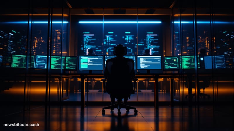 Cinematic photorealistic editorial photograph taken from a low angle inside a dimly lit server room or tech startup office at