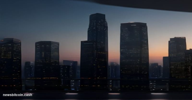 Cinematic photorealistic editorial photograph of a modern glass-and-steel financial technology office tower in Singapore's Ma